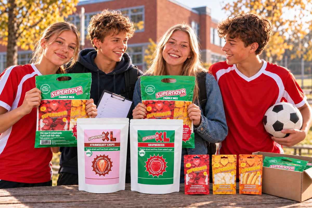 Fyra ungdomar i skolkläder och matchtröjor håller upp Supernova Freeze Family Mix vid ett bord med XL-påsar och Hälsosnacks
