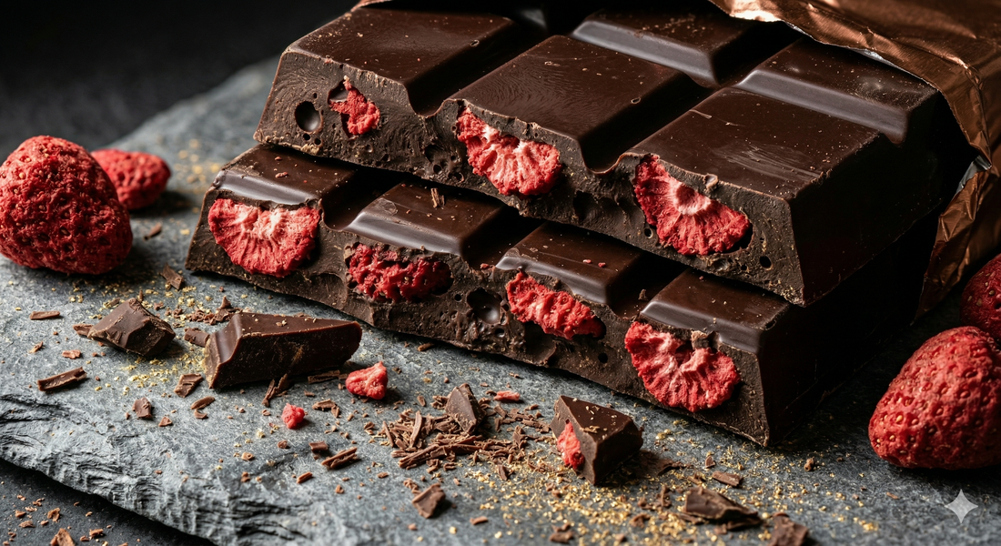 Chokladbollar rullade i frystorkade jordgubbschips