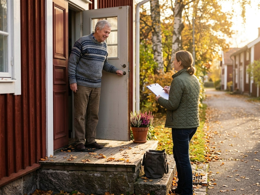 En vuxen med beställningslista på skrivplatta hos en granne som öppnat ytterdörren en solig höstdag