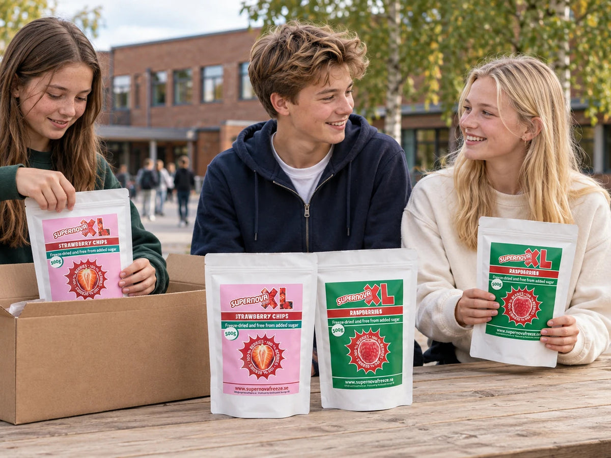 Tre elever vid ett bord på skolgården packar upp en kartong med Supernova Freeze XL-påsar