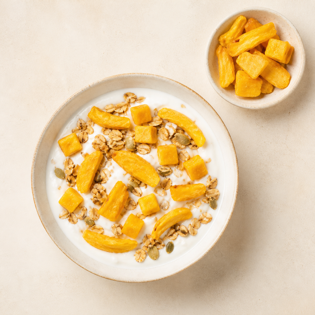 Frystorkad mango i en skål med yoghurt