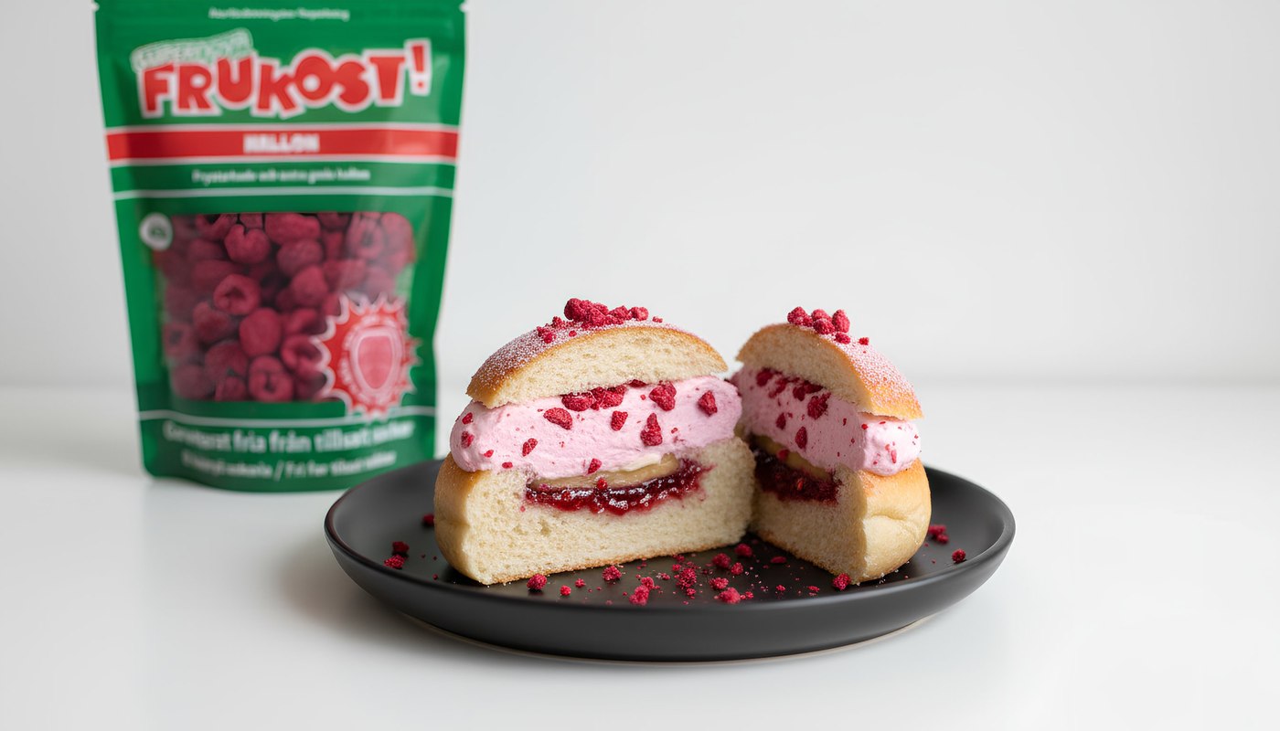 Hallonsemla med frystorkade hallon i grädden