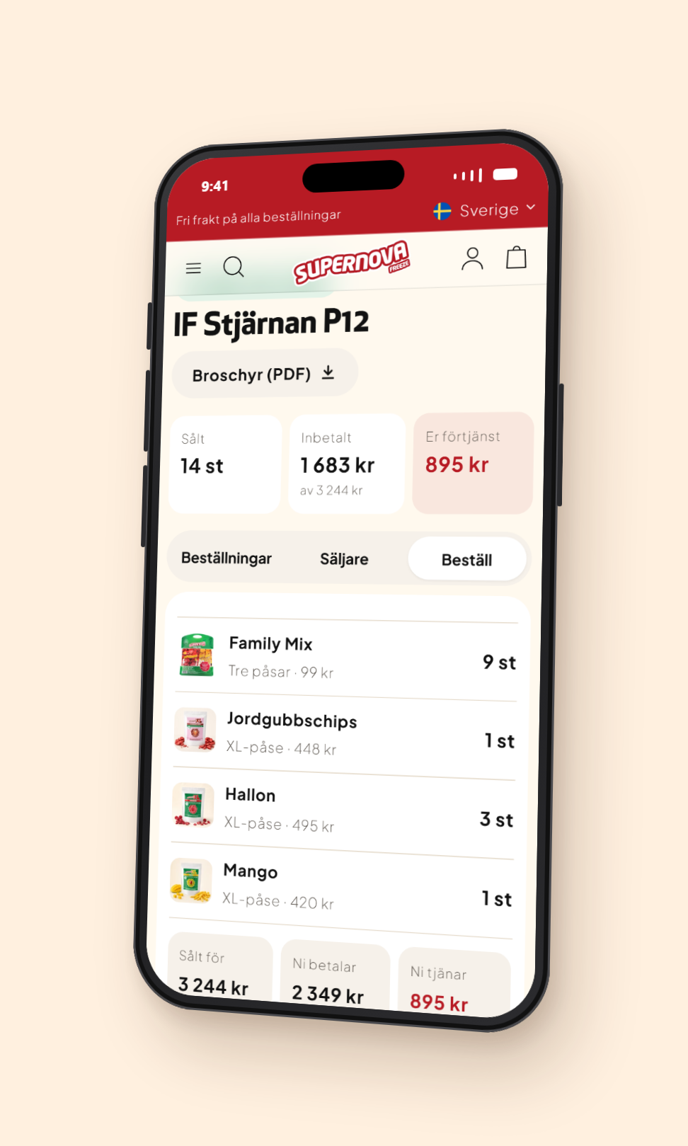 Mobil med portalens beställningsflik: allt som sålts samlat, klart att lägga i varukorgen