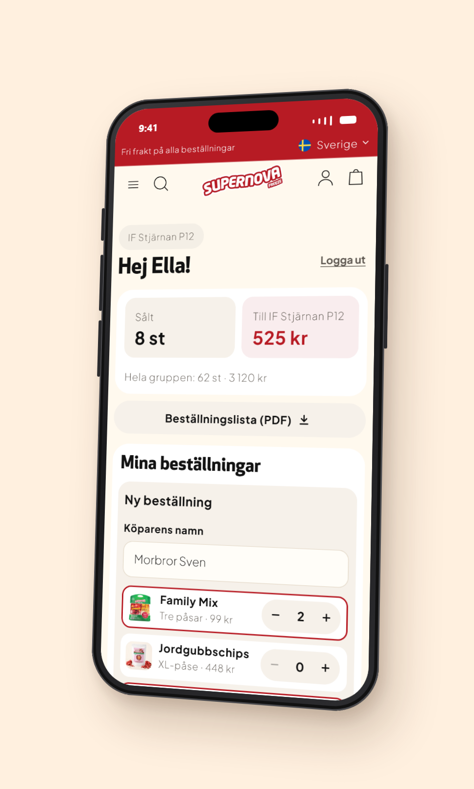 Mobil med säljarens sida: ny beställning med köparens namn och antal av varje vara