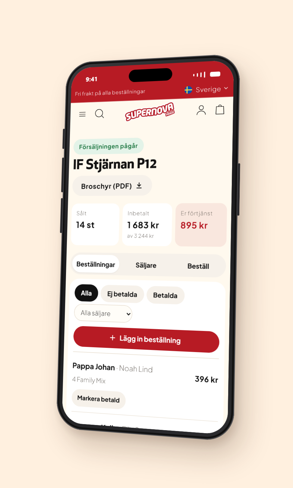 Mobil med föreningens portal: alla beställningar, vem som har betalat och föreningens förtjänst