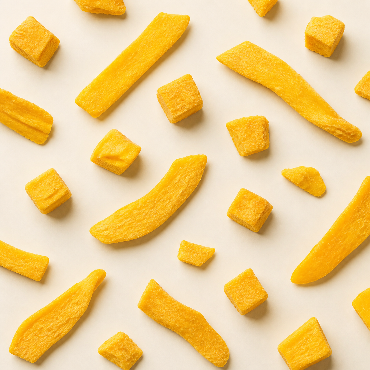 Frystorkad mango upplagd på ljus bakgrund